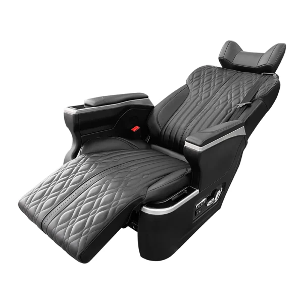 A luxury captain seat SUV in a 160-degree reclined position, featuring premium black leather and ergonomic support for maximum comfort.