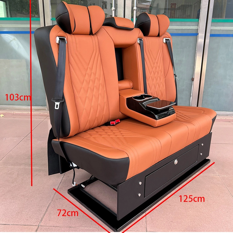 Orange leather 3-seater car back seat with clear overall size labels for installation reference