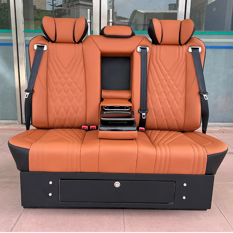 Three-passenger leather car back seat with retractable central armrest with cup holders