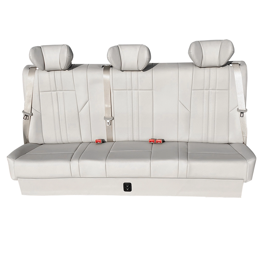 Three-passenger white leather car rear seat equipped with convenient control button switch at the bottom base