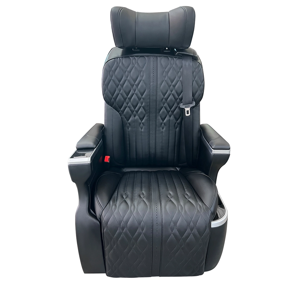 Front view of a luxury black leather captain seat SUV, featuring 360-degree rotation capability for versatile interior layouts.