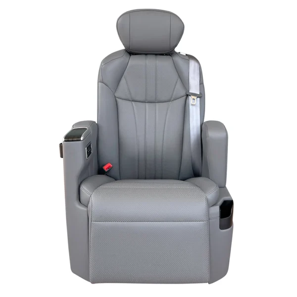 Front view gray 360 rotating car seat with electric leg rest, side control panel and safety belt