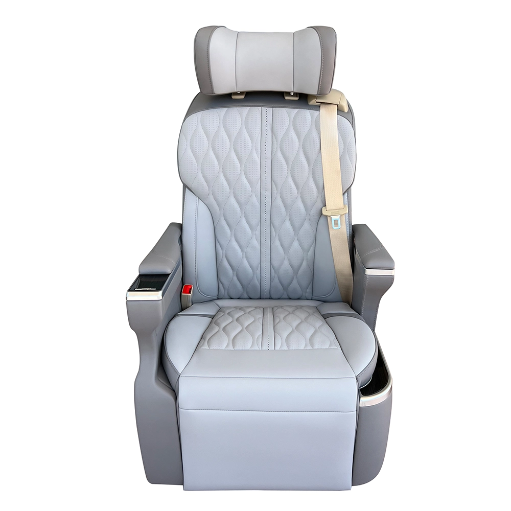 Front view of aftermarket luxury car seats featuring grey leather with diamond pattern stitching and stylish armrest trim.