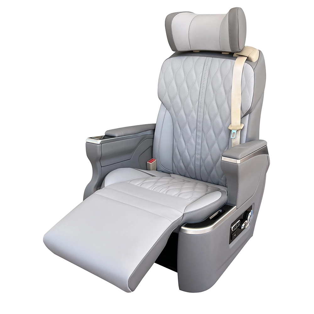 Side view of aftermarket luxury car seats showing the fully extended electric leg rest for enhanced passenger comfort.