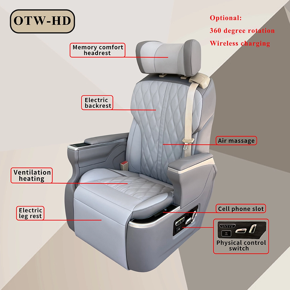 Feature diagram of aftermarket luxury car seats showing electric leg rest, air massage, ventilation, and wireless charging options.