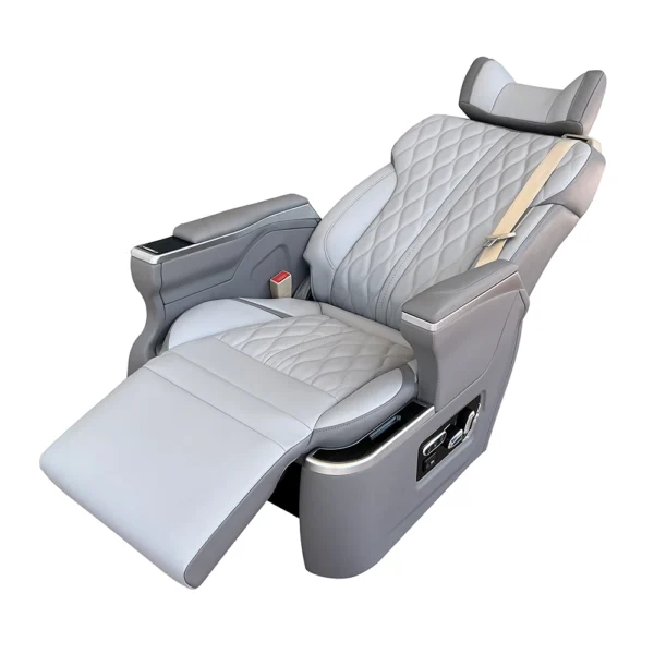 Side view of aftermarket luxury car seats in a fully reclined position with extended leg rest for sleeping comfort.
