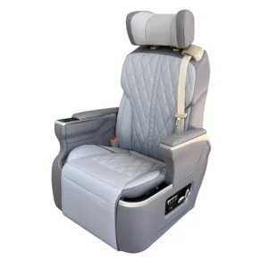 Side view of aftermarket luxury car seats featuring a stylish two-tone grey leather design and side control switches.