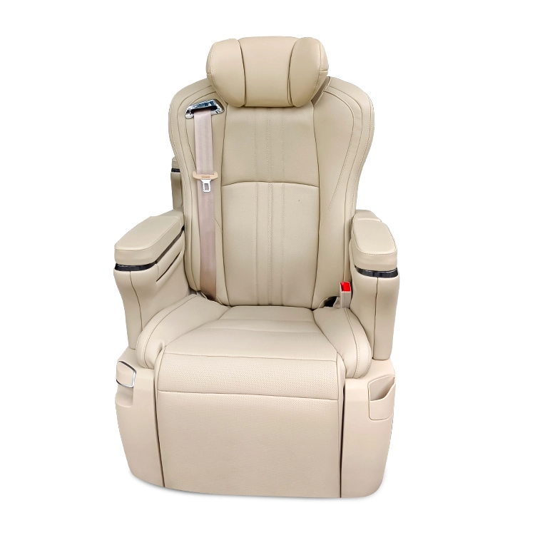Frontal view of a premium Alphard captain seat in beige leather, featuring a wide ergonomic backrest, integrated 3-point seat belt, and luxury armrests.
