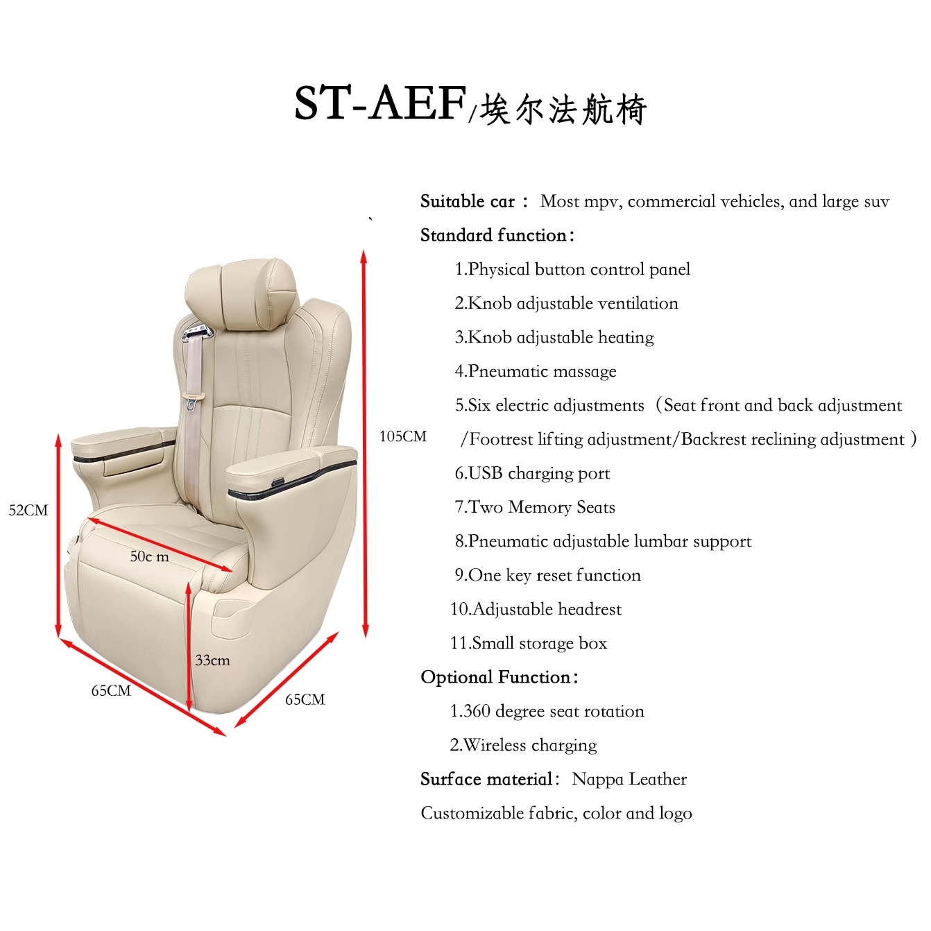 Comprehensive feature list and dimensions of Alphard captain seat, including Nappa leather, pneumatic massage, and 6-way electric adjustments.