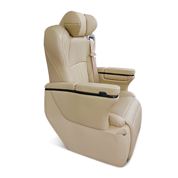 Side view of a luxury Alphard captain seat featuring a streamlined armrest design, integrated safety belt, and elegant beige leather upholstery.