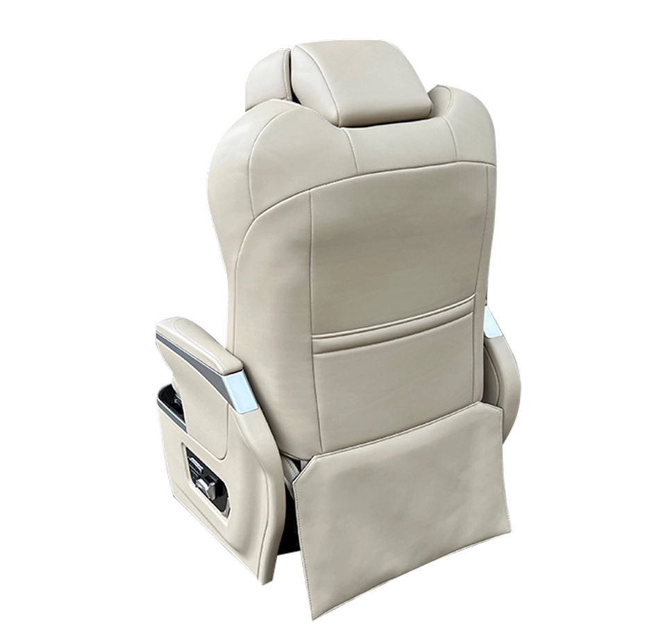 Rear view of a luxury beige Alphard car seat showing high-quality leather stitching and integrated back pocket.