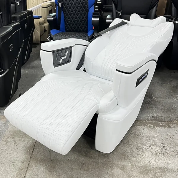 Fully reclined alphard seat in white leather showing the 160-degree backrest tilt and extended electric leg rest for maximum sleeping comfort.