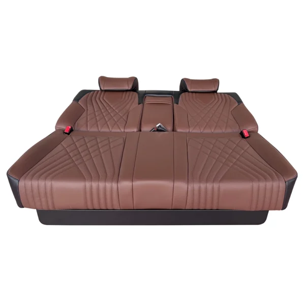 Two-tone brown black leather back seat for car fully laid flat at 180° via electric backrest adjustment