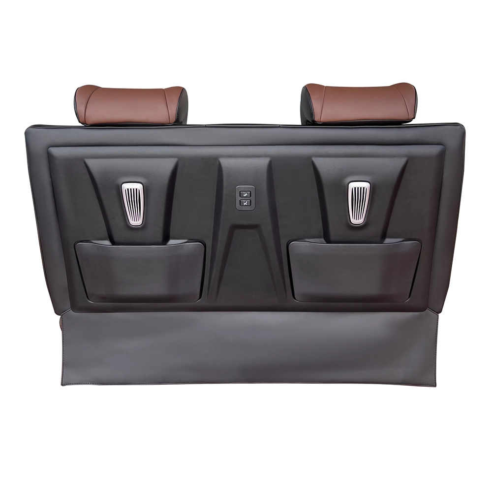 Two-tone brown black back seat for car full rear view, stylish backrest with storage bags, air vents and electric control switches