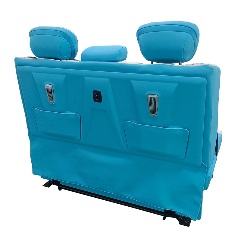 Blue leather back seat of car rear view, decorative back panel with storage file pockets and control button