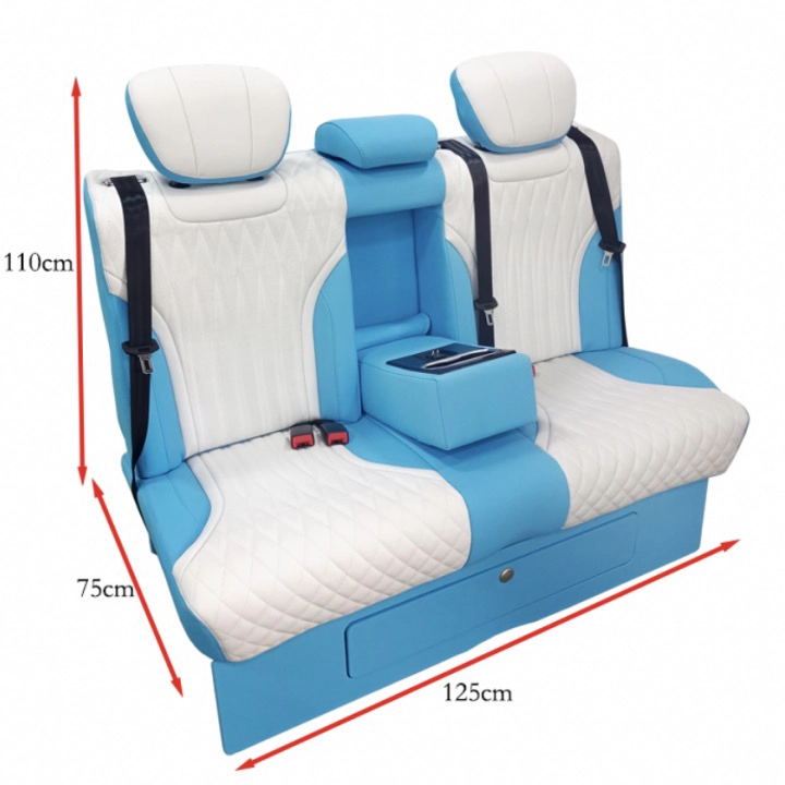 Two-tone back seat of car showing its standard overall size with length, width and height dimension labels