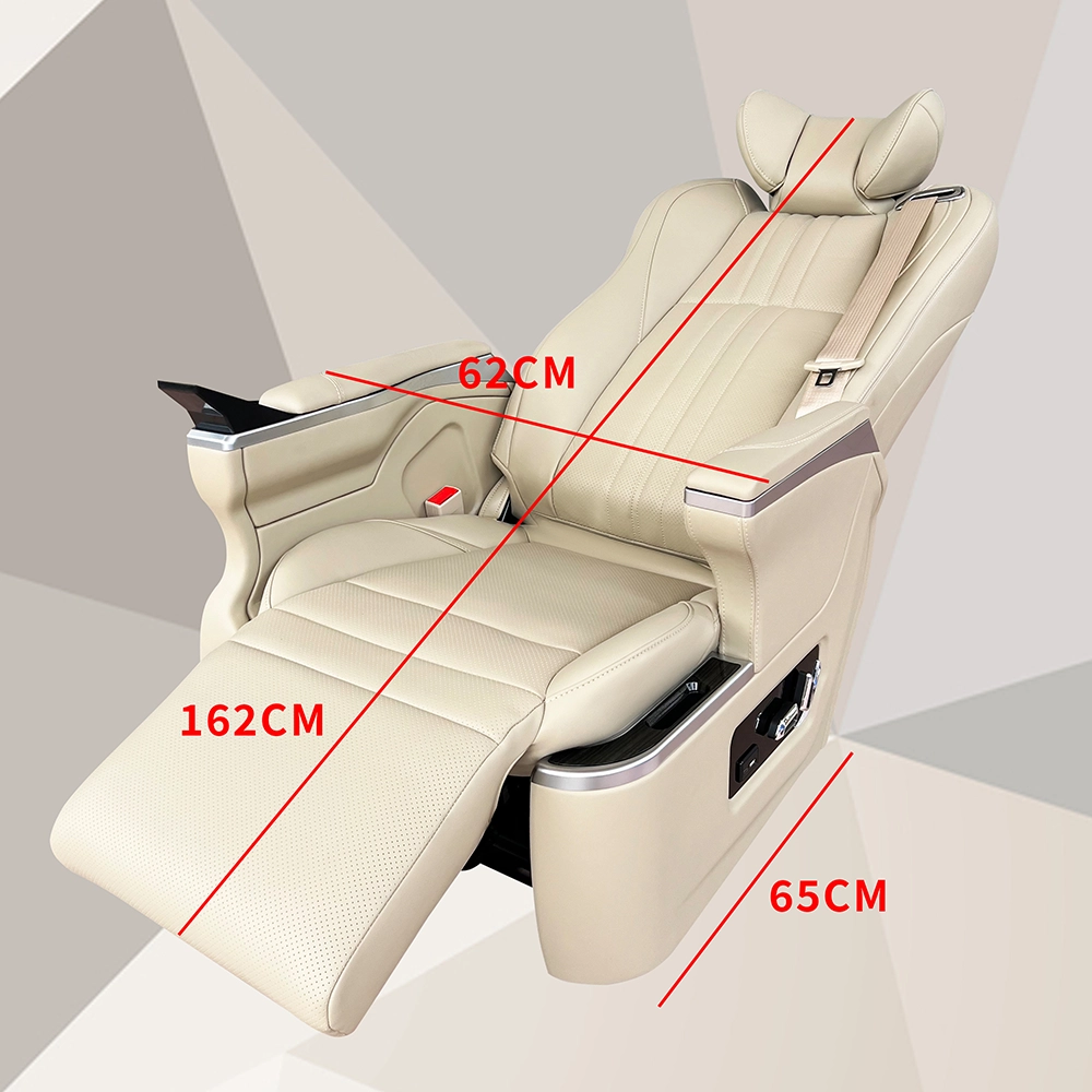 Beige leather captain seat alphard in fully laid-flat position with clear unfolded size dimension labels