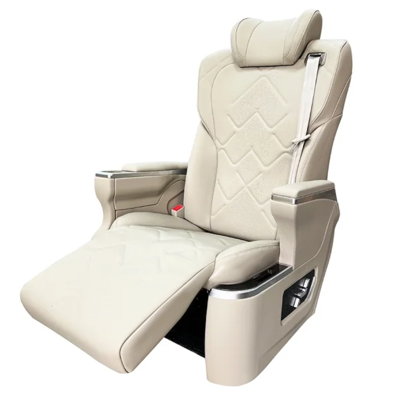 Beige leather grandia captain seat with fully electric liftable stretch footrest and side control panel
