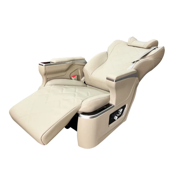 Beige leather grandia captain seat fully flat laid back with footrest for comfortable lying