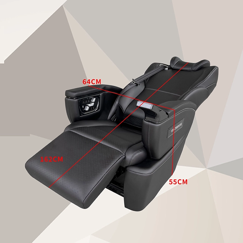 Black perforated leather captain seat sienta full laid-flat state with labeled maximum unfolded size dimensions