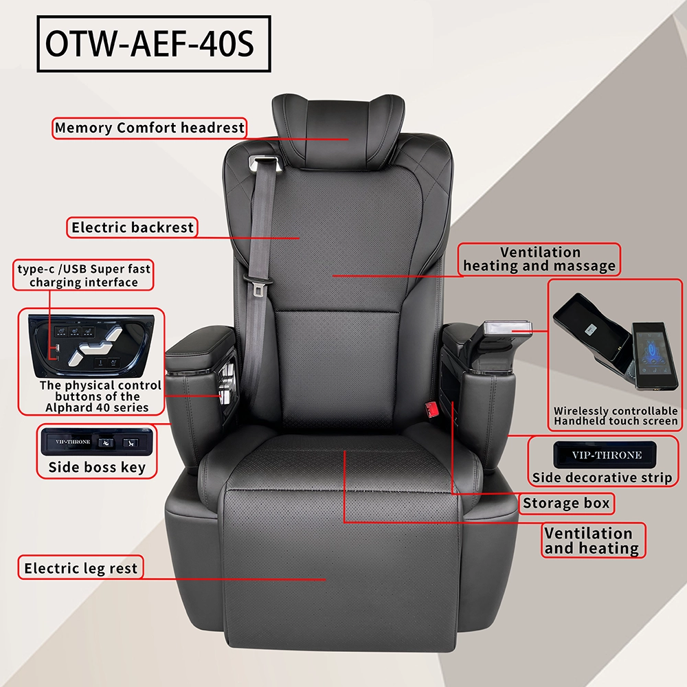 Black perforated leather captain seat sienta labeled functions, ventilation heating massage & wireless handheld touch screen
