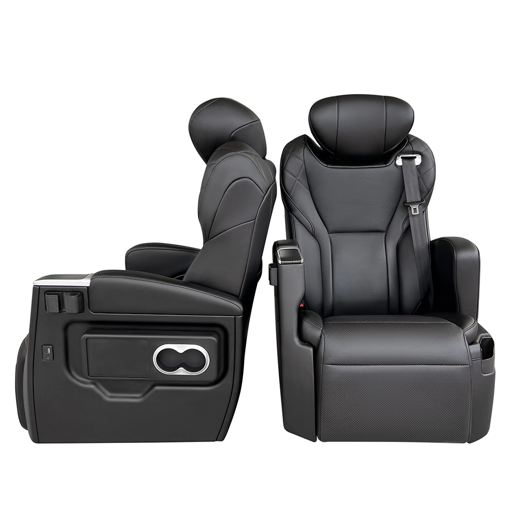 Black leather car captain seat pair, side and front view for van conversion