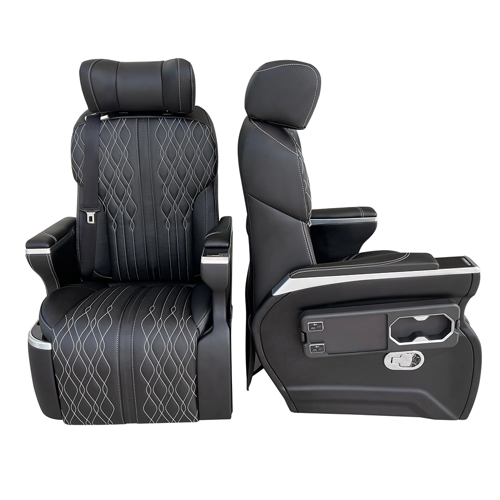 Black leather vip auto seat front and side view, built-in foldable table and 360 degree rotating base