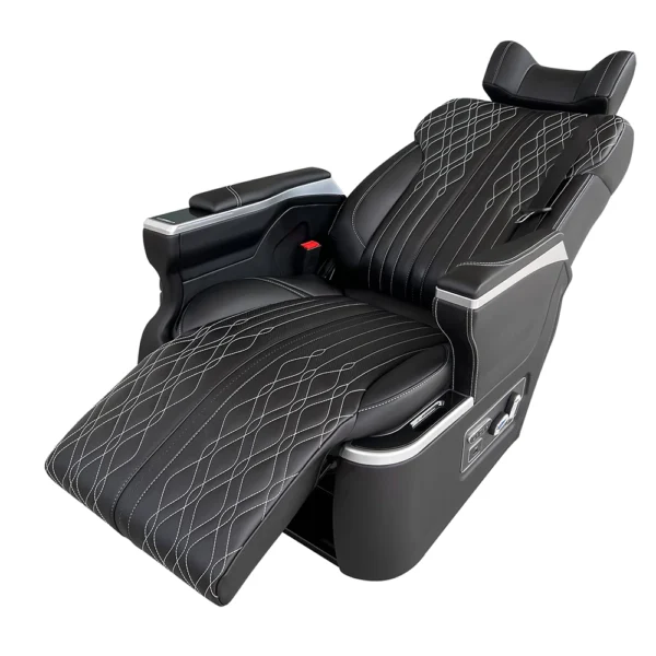 Black leather vip auto seat fully laid flat, with extended electric leg rest and diamond stitching