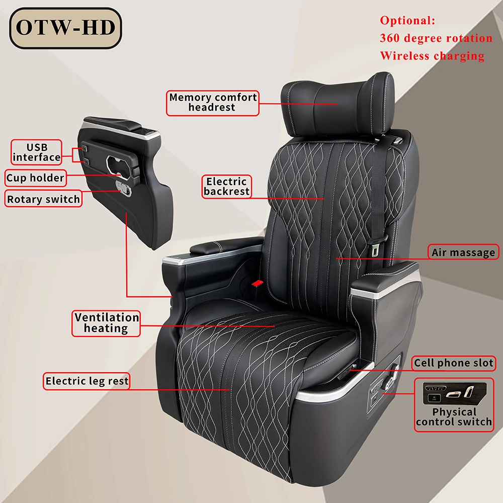 Labeled diagram of black leather vip auto seat showing ventilation heating massage and electric functions