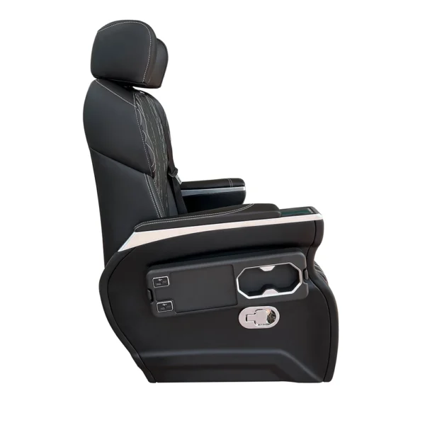Black leather vip auto seat side shot, equipped with hidden foldable side table and control buttons