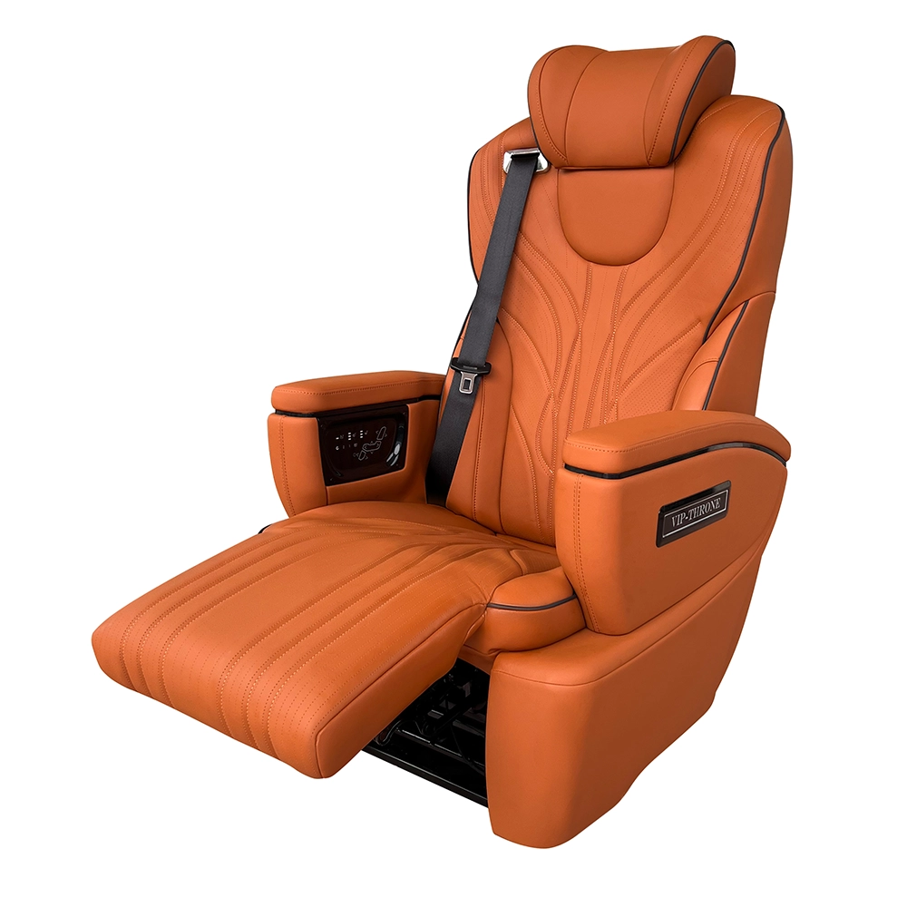 A premium captain seat for cars with the electric leg rest fully extended for enhanced passenger comfort.