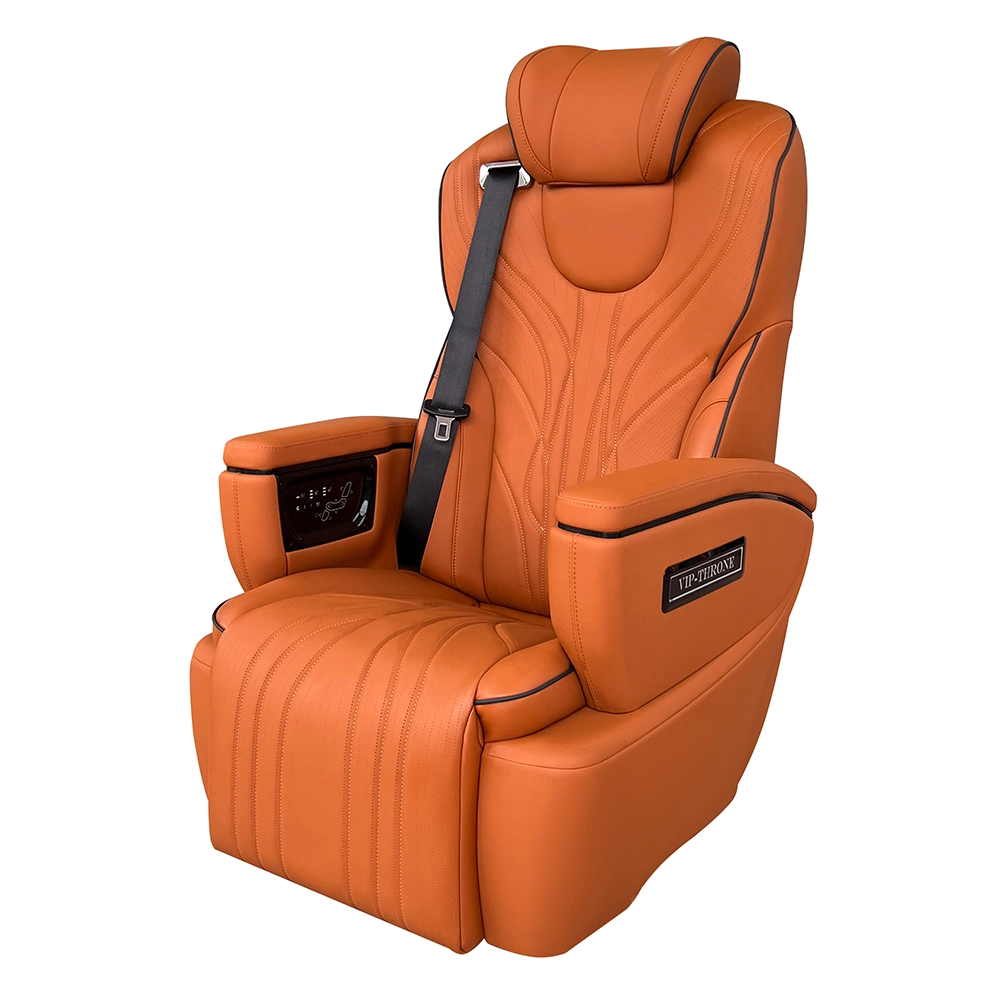 Side view of a luxury captain seat for cars featuring a touch screen control panel on the armrest.