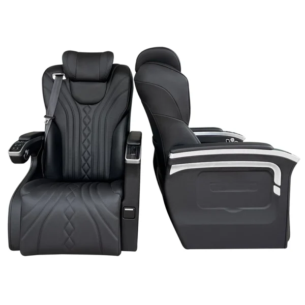 captain seat for van front and side view showing two-angle design with controls and storage