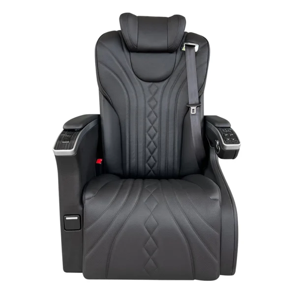 Captain seat for van front view showing armrest control buttons and a foldable small table storage