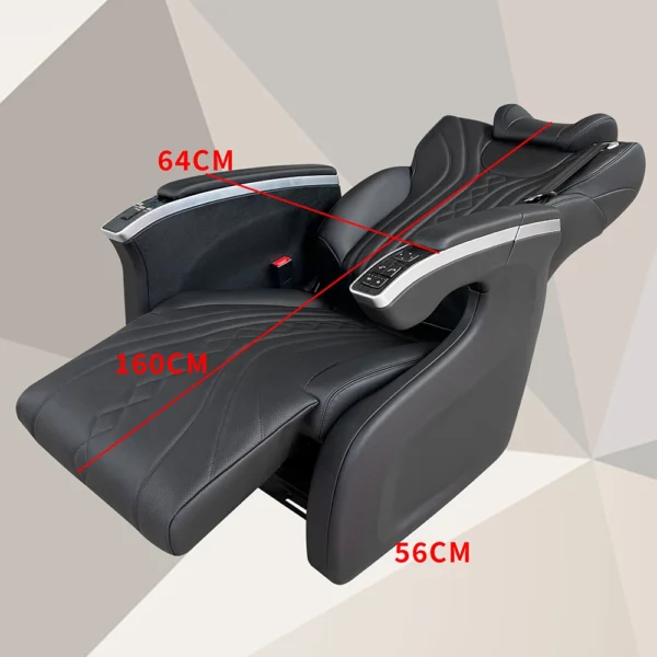 Captain seat for van reclined size chart showing flat position dimensions 64CM, 160CM, and 56CM