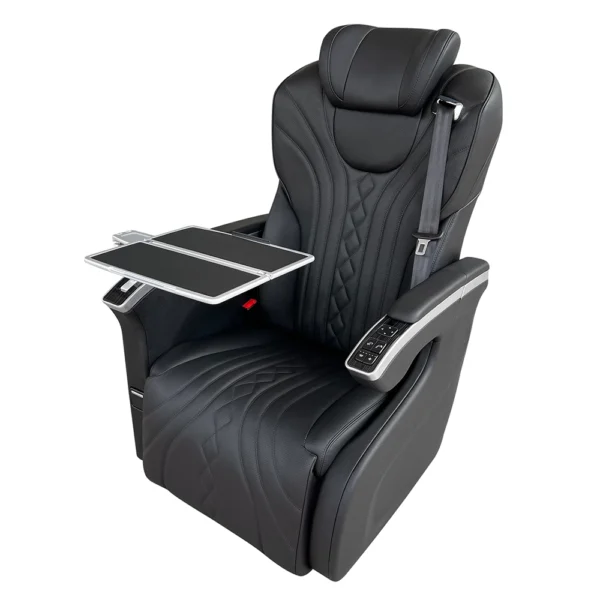 captain seat for van side view showing foldable metal tray table storage on the armrest