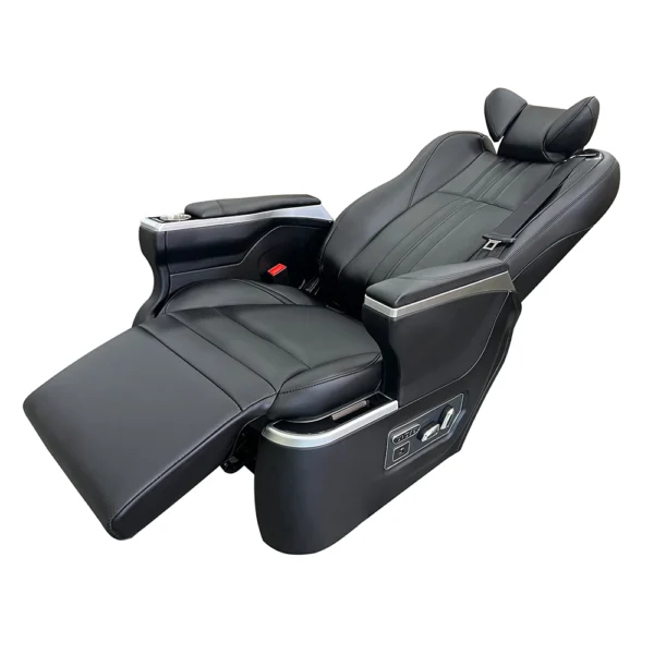 A luxury black captain seat hiace in a 160-degree reclined position, perfect for VIP comfort.