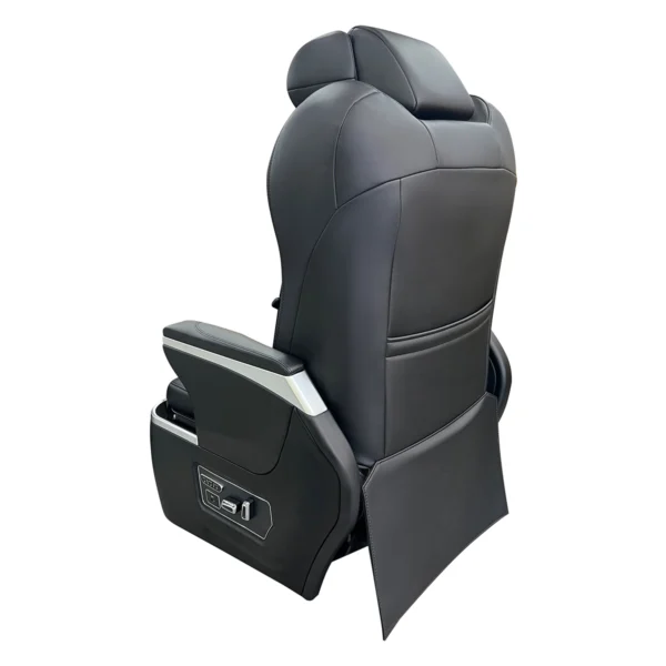 Rear view of a luxury black leather captain seat hiace, showcasing high-quality finish and ergonomic backrest design.