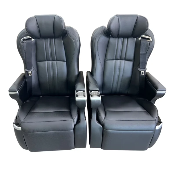 Front view of a pair of premium black leather captain seat hiace models, ideal for luxury van interior upgrades.