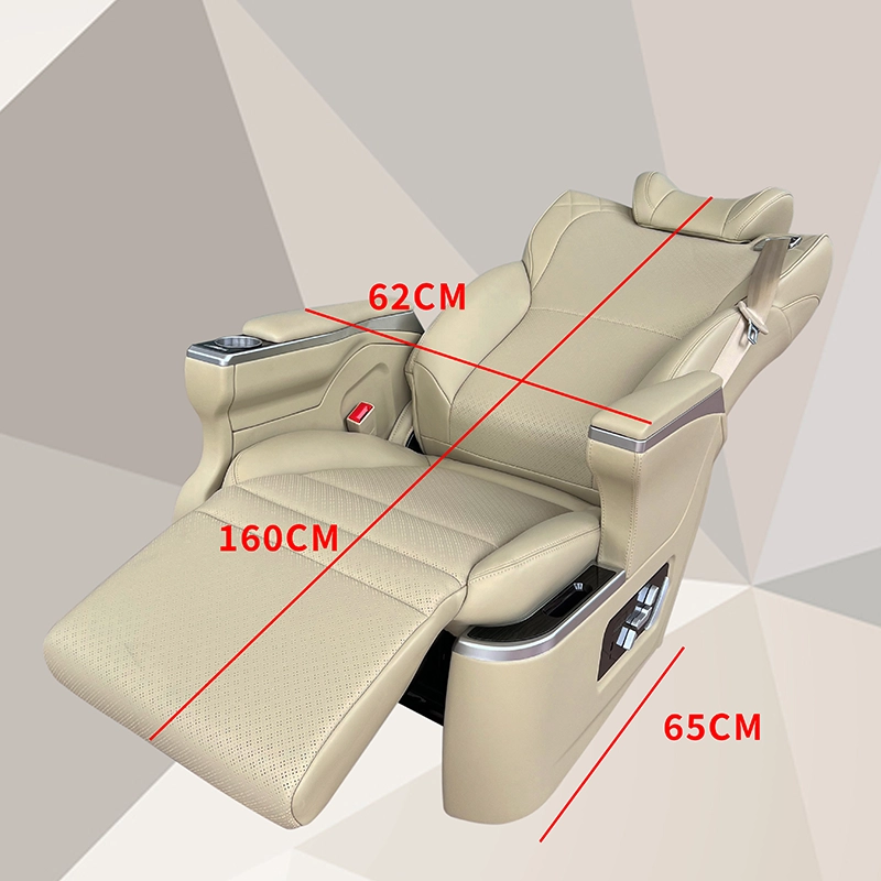 Captain seat vehicles in fully reclined state with dimension size labels