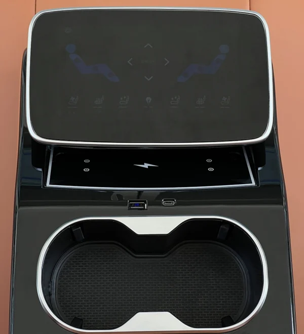 Touch screen operation panel mounted on the center console of leather car back seat