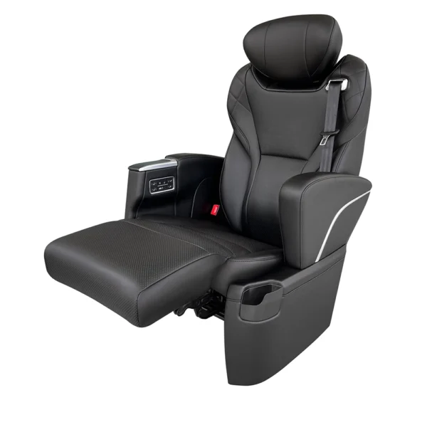 Car captain seat front view with fully extended electric leg rest