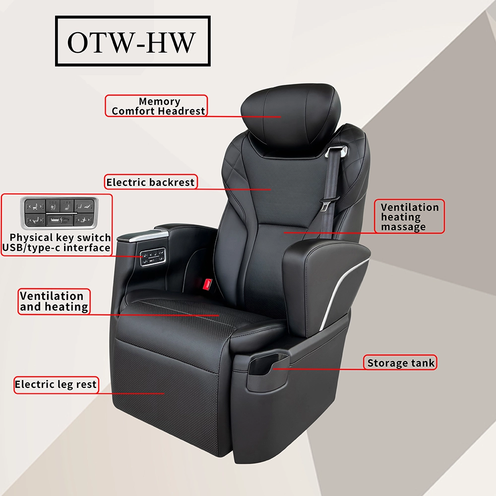 Car captain seat feature infographic showing heating, massage and electric adjustment functions