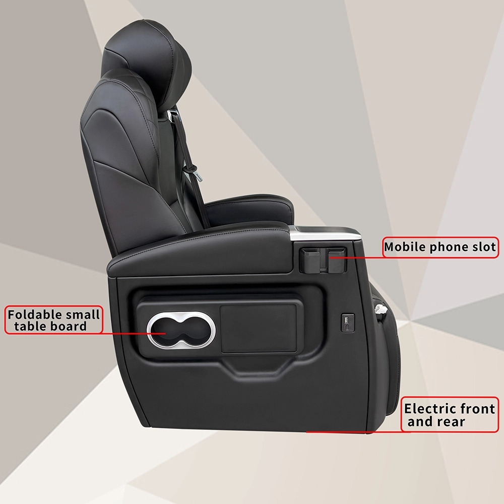Car captain seat side view showing foldable small table and phone slot