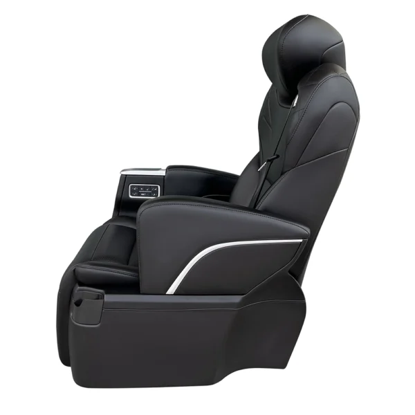 Car captain seat side angle view showing armrest control panel design