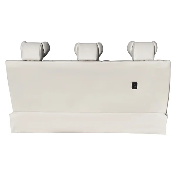 Rear view of a white leather car rear seat featuring an easy-to-use button control switch on the backrest