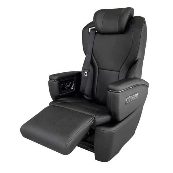 Car seat luxury featuring a fully extended electric leg rest for ergonomic passenger support.