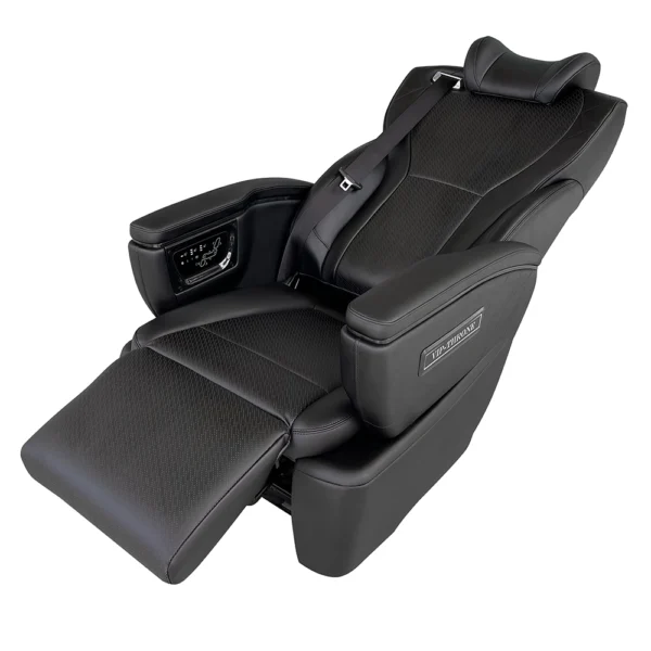 Car seat luxury in a fully reclined position with electric backrest and leg rest extended for a flat-bed experience.