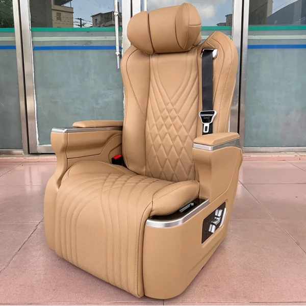 Side view of a Kia Carnival captain seat showing customizable leather colors and diamond-stitch patterns for luxury vehicle interiors.