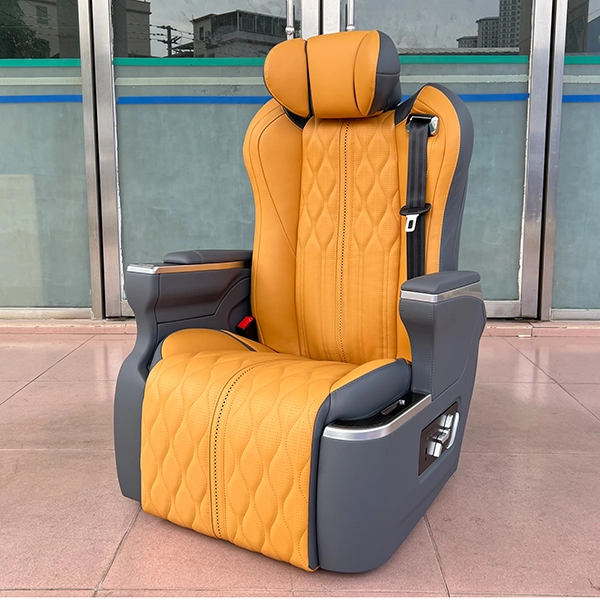 Side view of luxury auto seats with customizable orange leather and space for custom logo embroidery.